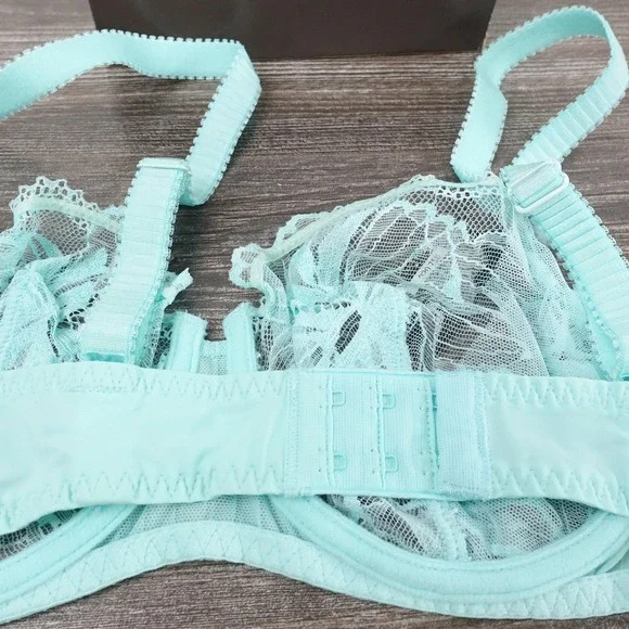 New! Simone Perele Balconette Bra Womens 36C Blue Lace Sheer Unlined Underwire - Picture 7 of 10